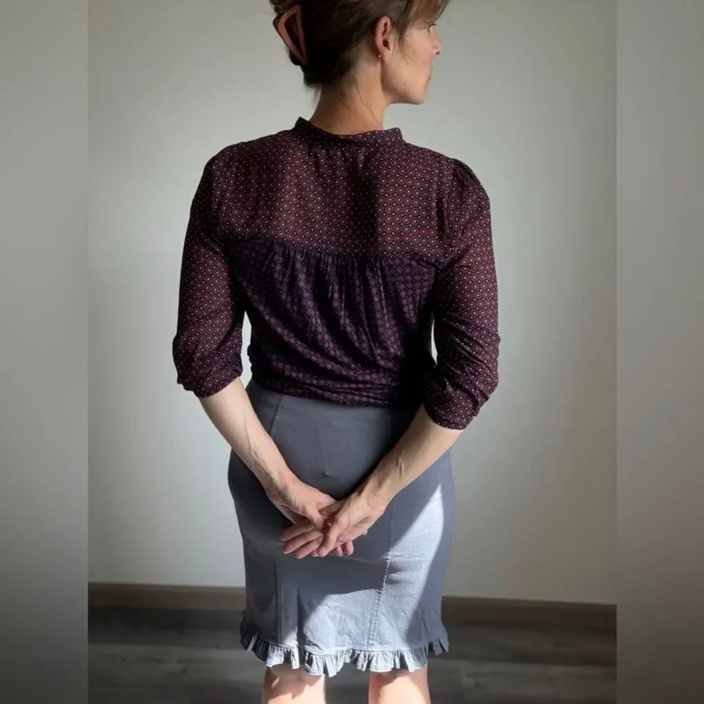 LOFT Blouse Bow Collar Top Preppy Navy Wine XS Relaxed Fit - Picture 6 of 10